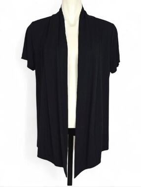 CLEO Women's Black Open Front Cardigan  Short Sleeve Draped Stretch Minimalist L